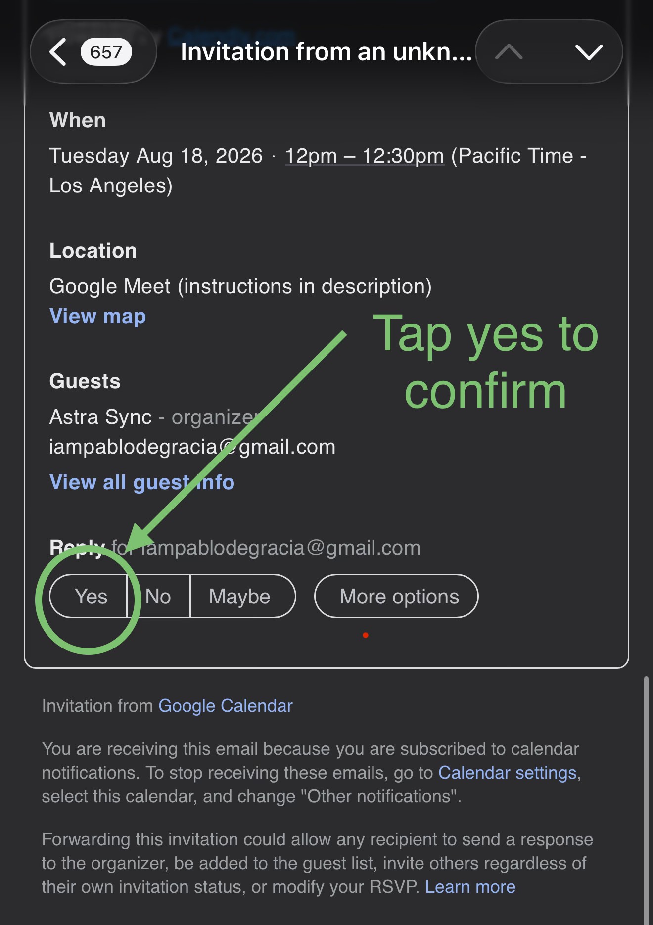 Calendar invitation RSVP options with Yes highlighted